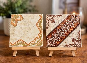 Vintage Ceramic Art Tiles Set of 2 Red Velvet Backed MCM Boho Wall Decor